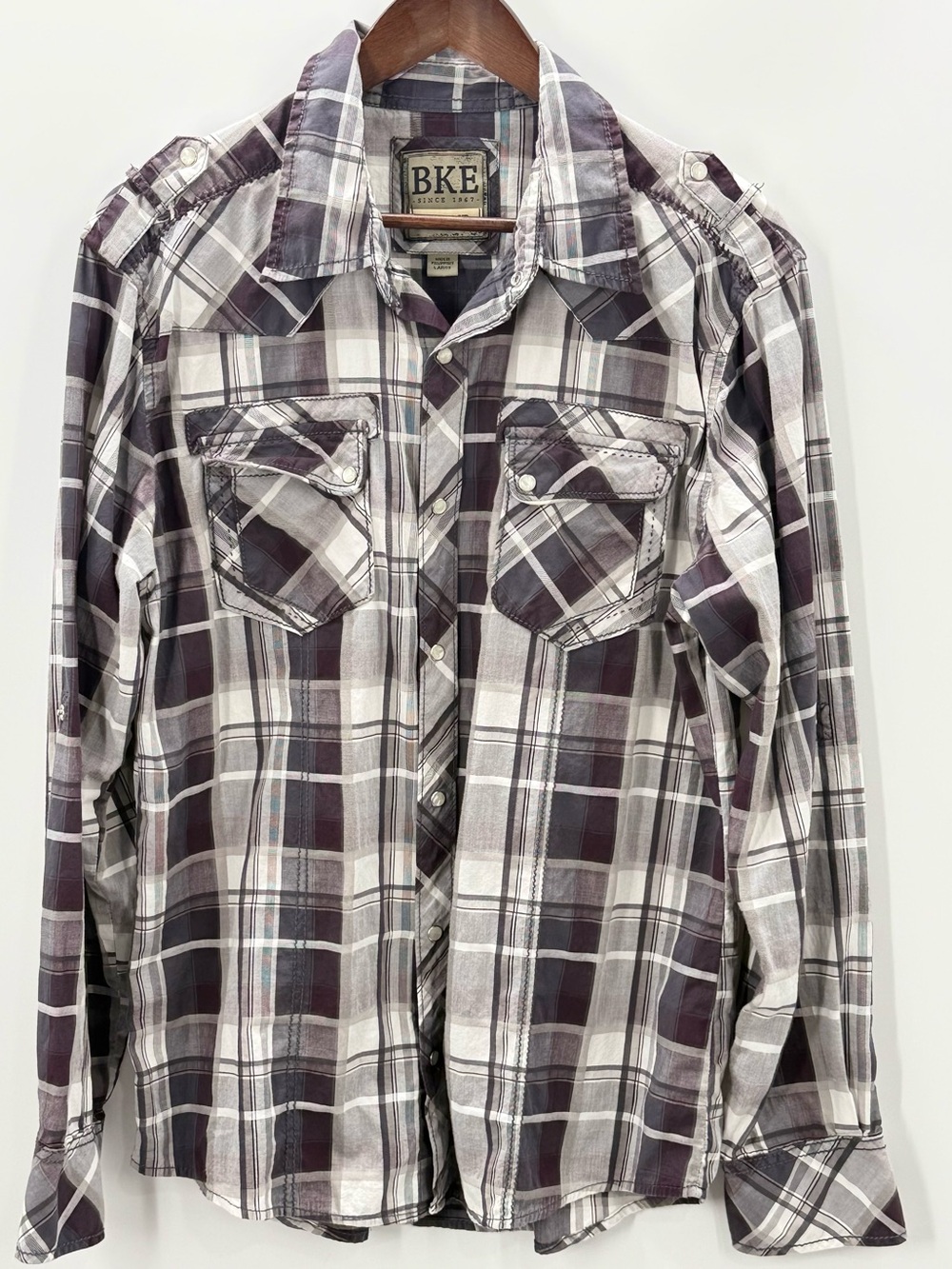 362 BKE Men’s Plaid Button-Down Shirt in White and Dark Purple